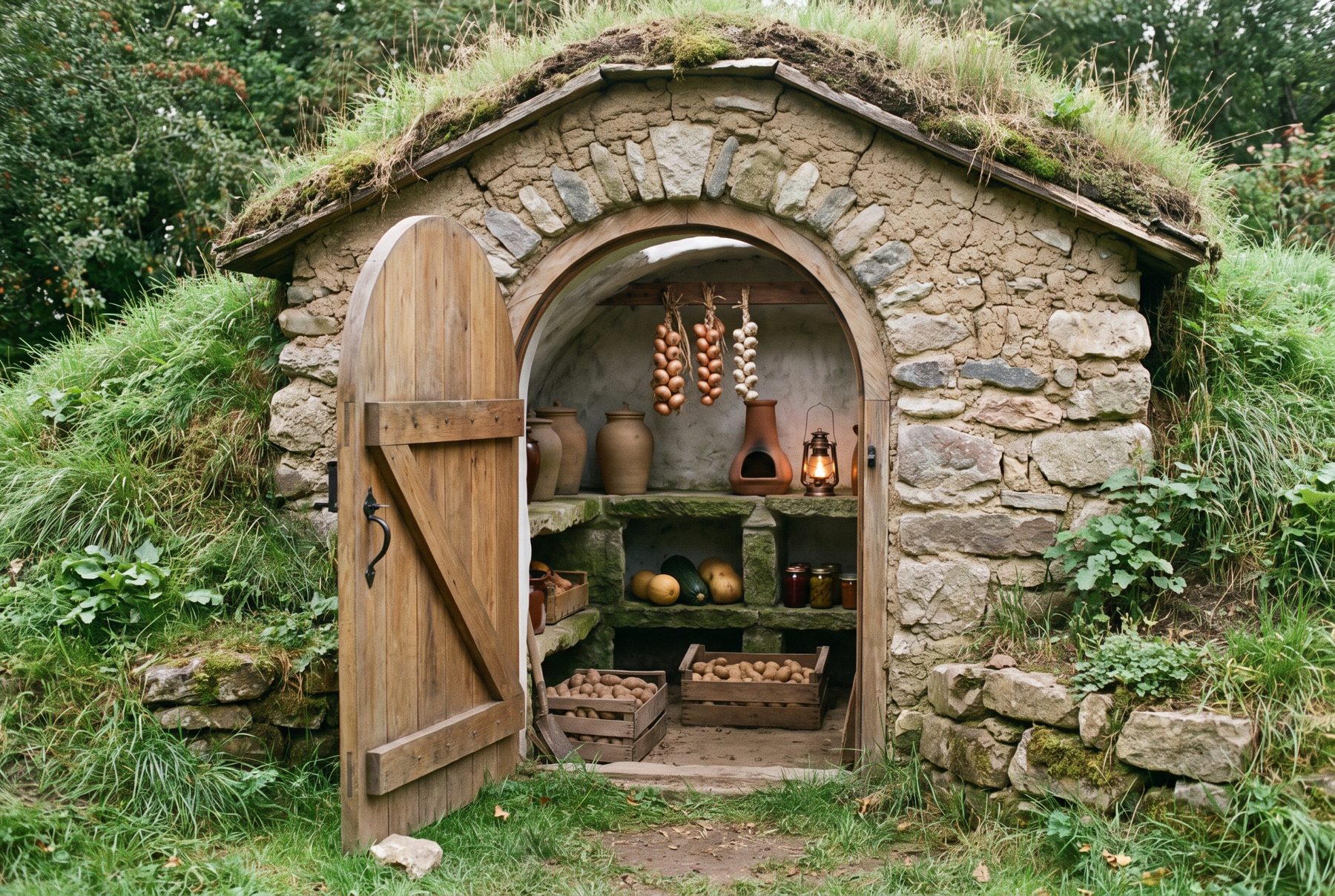 A cob root-cellar dome set into a garden mound, door open onto shelves of stored food