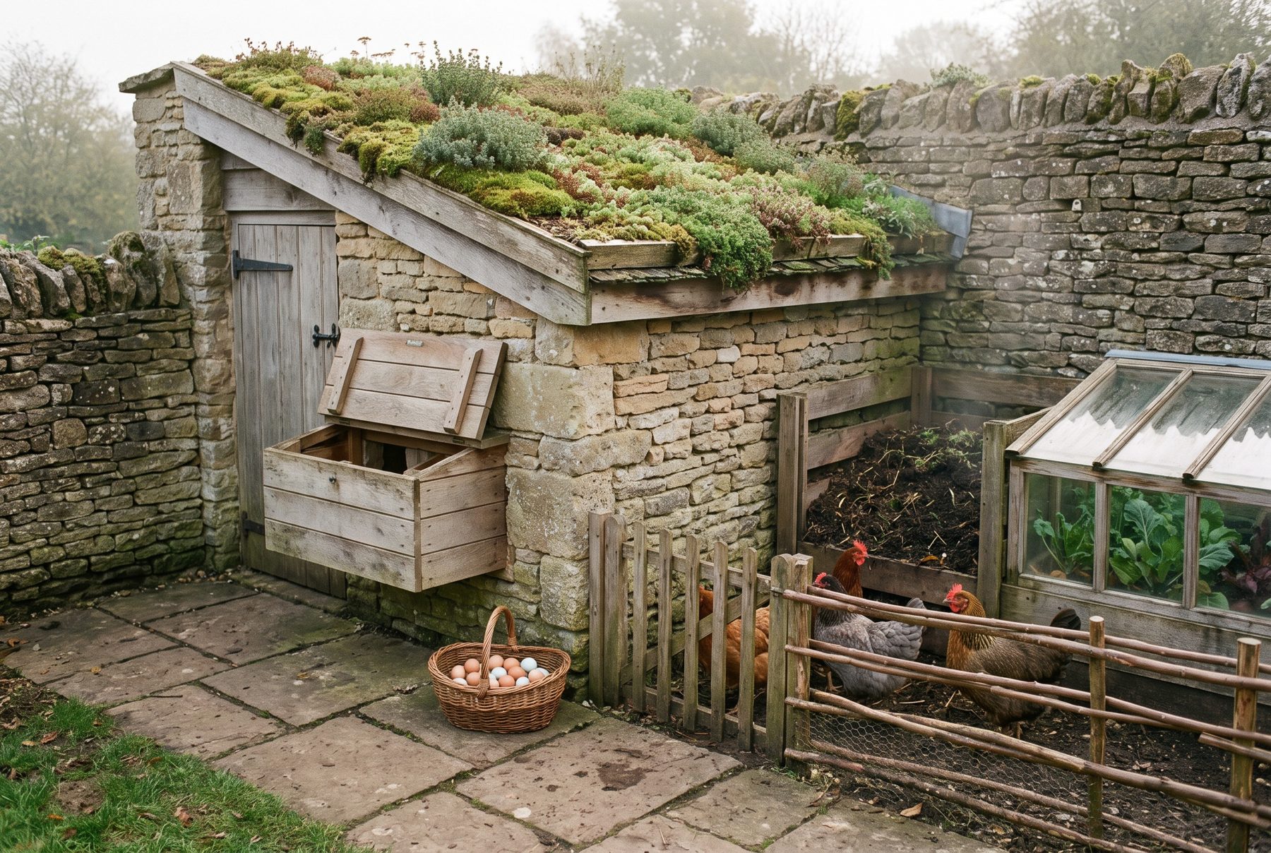 A compact coop built into a stone wall under a living roof