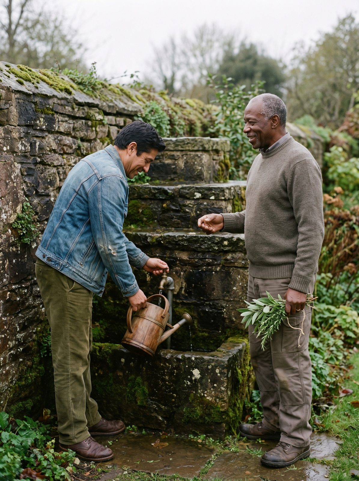 Two men filling a watering can at a stone rain cistern