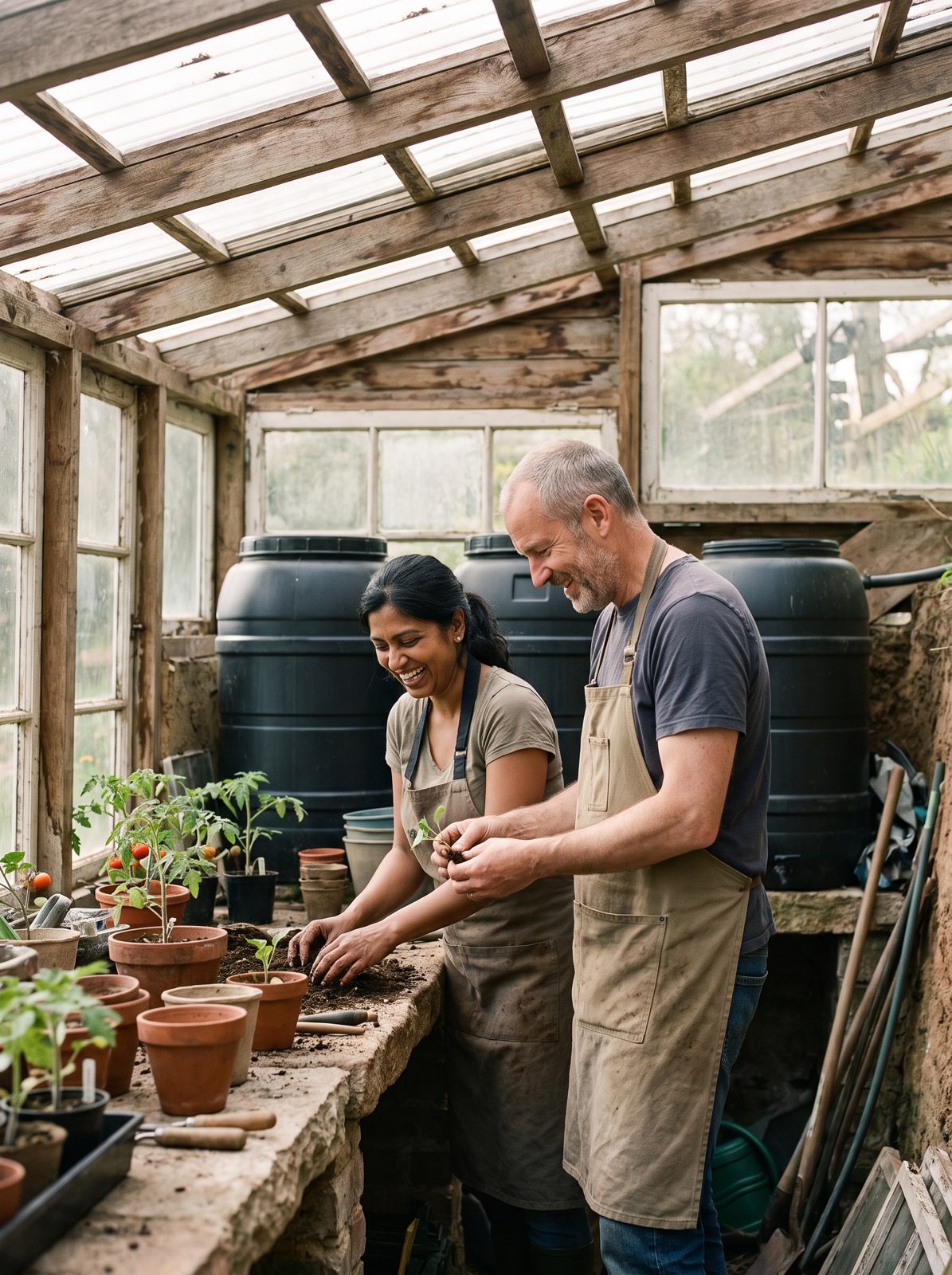 Two neighbors, a woman and a man, potting tomato seedlings inside a sunken greenhouse
