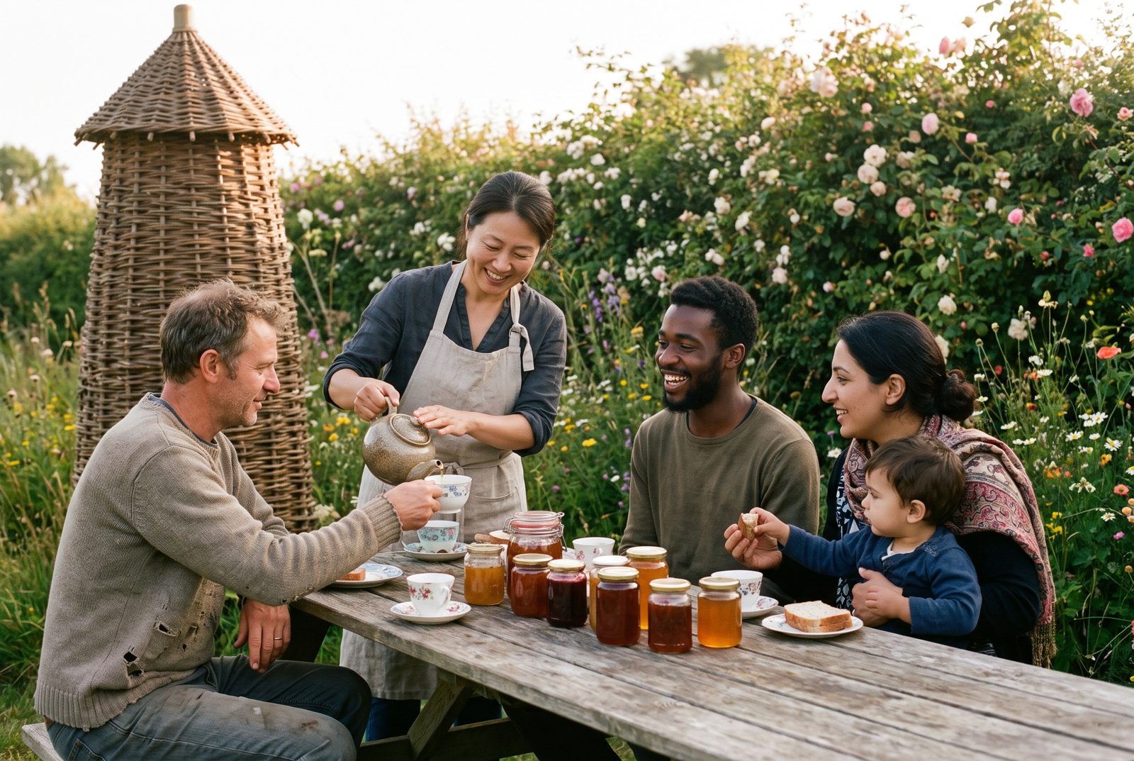 Neighbors sharing preserves and honey at a long table beside a flowering hedge