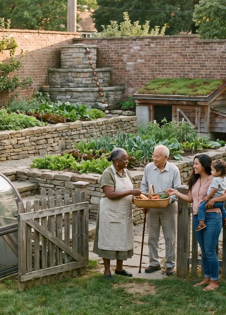 Three neighbors sharing a basket of produce at a garden gate