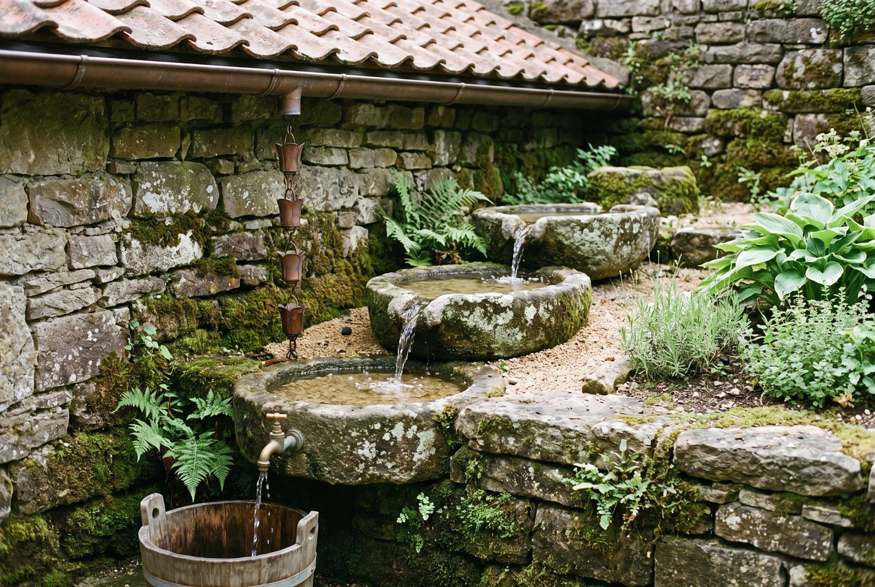 Three stone basins stepping down a mossy wall, fed by a copper rain chain